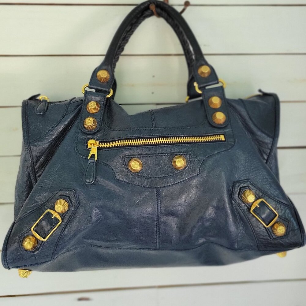 Balenciaga City Bag with Large Brass Hardware, Marine Blue